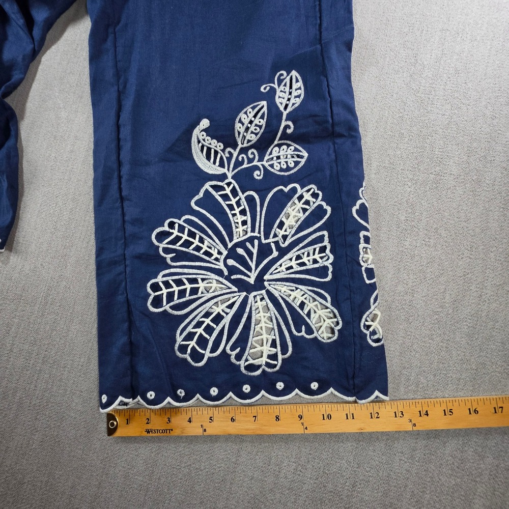 Christian Siriano Pants Womens Medium Blue Linen Blend Embroidered Eyelet Crop - Picture 10 of 16